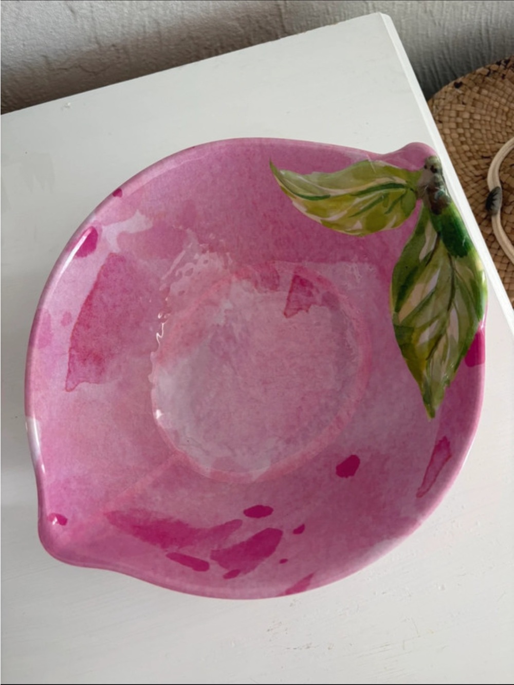 Hand-Painted Pink Decorative Lemon Bowl with Leaf Accent